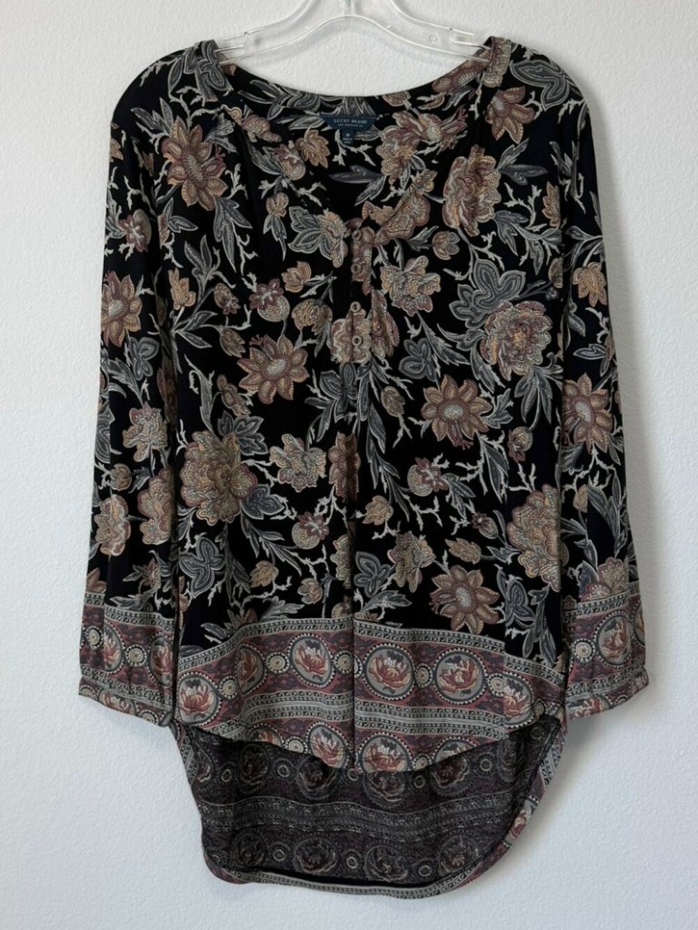 Lucky Brand Long Sleeve Button V-Neck Hi-Low Boho Floral Blouse Women's Size M